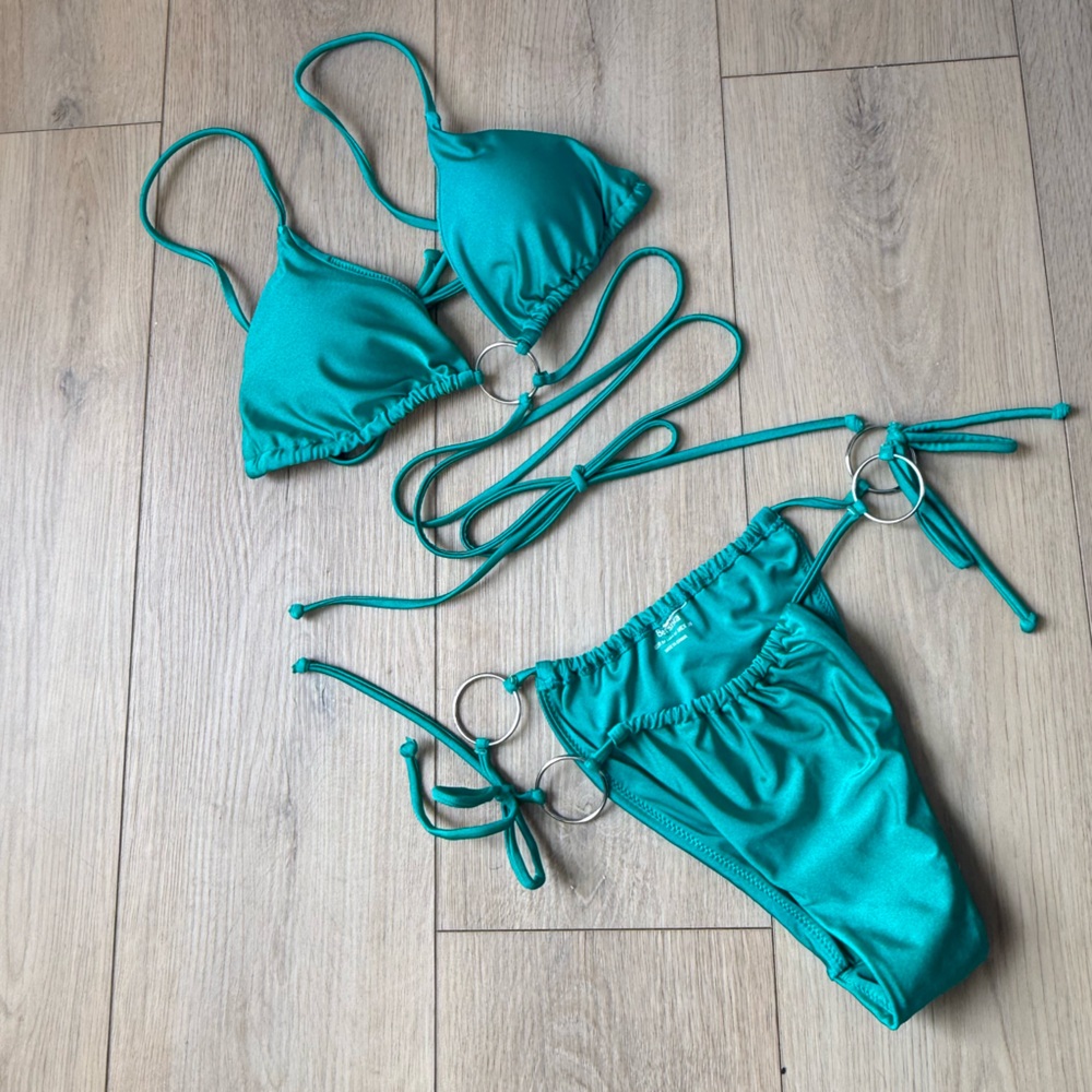 Turquoise shiny Bershka adjustable wrap top & bottoms swimsuit bikini